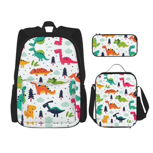 SUHNGE Rucksack mit Kaktuspflanzen-Druck, 3-teilig, Schultasche mit Lunch-Tasche, Federmäppchen für Mädchen, Mittelschule, Bunte Dinosaurier1, Einheitsgröße von SUHNGE