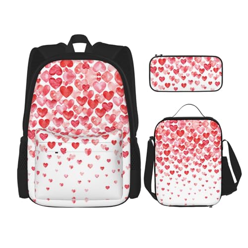 SUHNGE Rucksack mit Kaktuspflanzen-Druck, 3-teilig, Schultasche mit Lunch-Tasche, Federmäppchen für Mädchen, Mittelschule, Falling Red Hearts, Einheitsgröße von SUHNGE