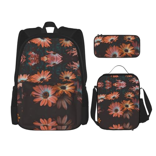 SUHNGE Rucksack mit Kaktuspflanzen-Druck, 3-teilig, Schultasche mit Lunch-Tasche, Federmäppchen für Mädchen, Mittelschule, Orange Chrysantheme, Einheitsgröße von SUHNGE