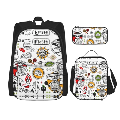 SUHNGE Rucksack mit Monarch-Schmetterling-Motiv, für Mädchen, Jungen, Schultaschen, Teenager, Lunchbox und Federmäppchen, 3-in-1-Büchertaschen-Set, Mexikanische Salsa-Symbole, Einheitsgröße von SUHNGE