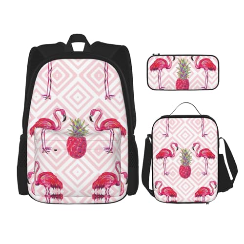 SUHNGE Rucksack mit Pommerschen Muster, 3-teilig, Schultasche mit Lunch-Tasche, Federmäppchen für Mädchen, Mittelschule, Pink Flamingo Ananas, Einheitsgröße von SUHNGE