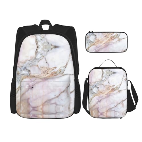 SUHNGE Rucksack mit Pommerschen Muster, 3-teilig, Schultasche mit Lunch-Tasche, Federmäppchen für Mädchen, Mittelschule, Pink-weißes Marmormuster., Einheitsgröße von SUHNGE