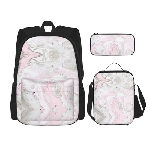 SUHNGE Rucksack mit Pommerschen Muster, 3-teilig, Schultasche mit Lunch-Tasche, Federmäppchen für Mädchen, Mittelschule, Rosa abstrakte Tinte marmoriert grau künstlerisch, Einheitsgröße von SUHNGE