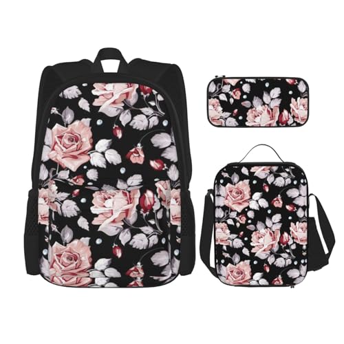 SUHNGE Rucksack mit Pommerschen Muster, 3-teilig, Schultasche mit Lunch-Tasche, Federmäppchen für Mädchen, Mittelschule, rosa blume, Einheitsgröße von SUHNGE