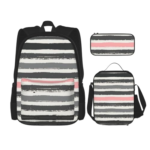 SUHNGE Rucksack mit Pride-Flaggen-Druck, für Mädchen, Jungen, Schultaschen, Teenager, Lunchbox und Federmäppchen, 3-in-1-Büchertaschen-Set, Rosa hell- und dunkelgraue Streifen., Einheitsgröße von SUHNGE