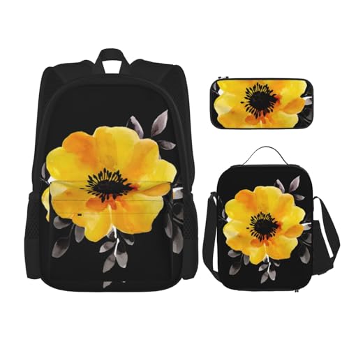 SUHNGE Rucksack mit Zebramuster, 3-teilig, mit Lunchtasche, Federmäppchen für Mädchen, Mittelschule, Gelb, Blumen, Einheitsgröße von SUHNGE