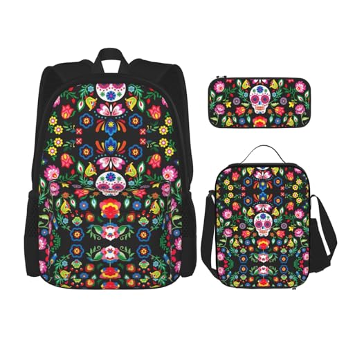 SUHNGE Rucksack mit Zucker- und Totenkopf- und Blumendruck, 3-teilig, Schultasche mit Lunch-Tasche, Federmäppchen für Mädchen, Mittelschule, Zucker, Totenköpfe und Blumen, Einheitsgröße von SUHNGE