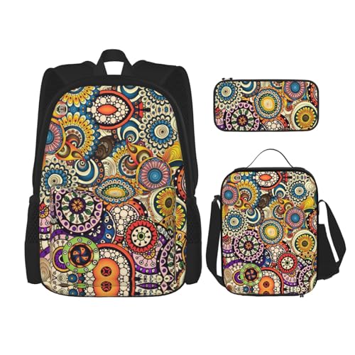 SUHNGE Rucksack mit abstraktem geometrischem Muster, Weltraumdruck, für Mädchen, Jungen, Schultaschen, Teenager, Lunchbox und Federmäppchen, 3-in-1-Büchertaschen-Set, Ethnische Kreise Blumenmuster, von SUHNGE