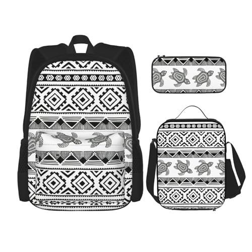 SUHNGE Rucksack mit abstraktem geometrischem Muster, Weltraumdruck, für Mädchen, Jungen, Schultaschen, Teenager, Lunchbox und Federmäppchen, 3-in-1-Büchertaschen-Set, Ethnische Schildkröte, gestreift, von SUHNGE