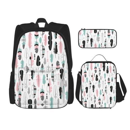 SUHNGE Rucksack mit abstraktem geometrischem Muster, Weltraumdruck, für Mädchen, Jungen, Schultaschen, Teenager, Lunchbox und Federmäppchen, 3-in-1-Büchertaschen-Set, Federn, Einheitsgröße von SUHNGE