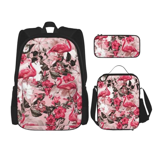 SUHNGE Rucksack mit abstraktem geometrischem Muster, Weltraumdruck, für Mädchen, Jungen, Schultaschen, Teenager, Lunchbox und Federmäppchen, 3-in-1-Büchertaschen-Set, Flamingo-Blumendruck., von SUHNGE