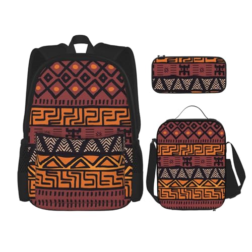SUHNGE Rucksack mit afrikanischem Schlammstoff, Tribal-Druck, 3-teilig, Schultasche mit Lunch-Tasche, Federmäppchen für Mädchen, Mittelschule, Afrikanischer Schlamm, Tribal, Einheitsgröße von SUHNGE