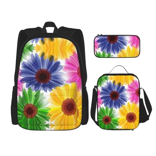 SUHNGE Rucksack mit afrikanischem Schlammstoff, Tribal-Druck, 3-teilig, Schultasche mit Lunch-Tasche, Federmäppchen für Mädchen, Mittelschule, Mehrfarbiges Blumenmuster, Einheitsgröße von SUHNGE