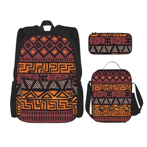 SUHNGE Rucksack mit afrikanischem Schlammstoff, Tribal-Druck, für Mädchen, Jungen, Schultaschen, Teenager, Lunchbox und Federmäppchen, 3-in-1-Büchertaschen-Set, Afrikanischer Schlamm, Tribal, von SUHNGE