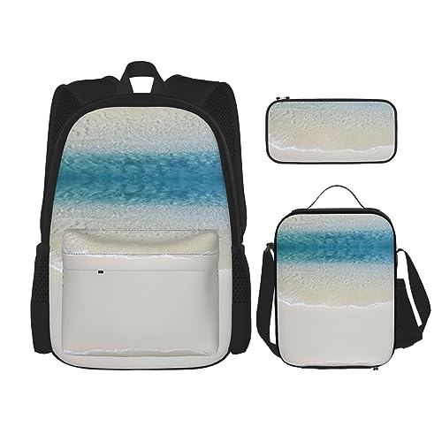 SUHNGE Rucksack mit buntem Holzdruck, 3-teilig, Schultasche mit Lunch-Tasche, Federmäppchen für Mädchen, Mittelschule, Beach Clear Sea Sand, Einheitsgröße von SUHNGE