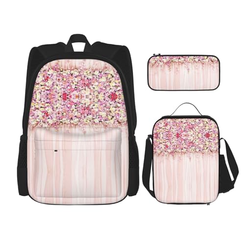 SUHNGE Rucksack mit buntem Holzdruck, 3-teilig, Schultasche mit Lunch-Tasche, Federmäppchen für Mädchen, Mittelschule, Blumenwand Rosa Rose, Einheitsgröße von SUHNGE
