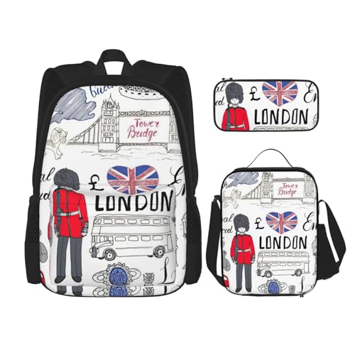 SUHNGE Rucksack mit buntem Holzdruck, 3-teilig, Schultasche mit Lunch-Tasche, Federmäppchen für Mädchen, Mittelschule, I Love London, Einheitsgröße von SUHNGE