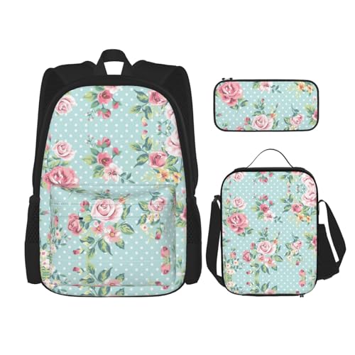 SUHNGE Rucksack mit buntem Holzdruck, 3-teilig, Schultasche mit Lunch-Tasche, Federmäppchen für Mädchen, Mittelschule, Rosa Rosen, Einheitsgröße von SUHNGE