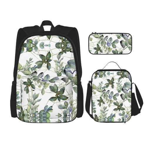 SUHNGE Rucksack mit buntem geometrischem Dreiecksdruck, für Mädchen, Jungen, Schultaschen, Teenager, Lunchbox und Federmäppchen, 3-in-1-Büchertaschen-Set, Grüne Eukalyptusblätter, Einheitsgröße von SUHNGE