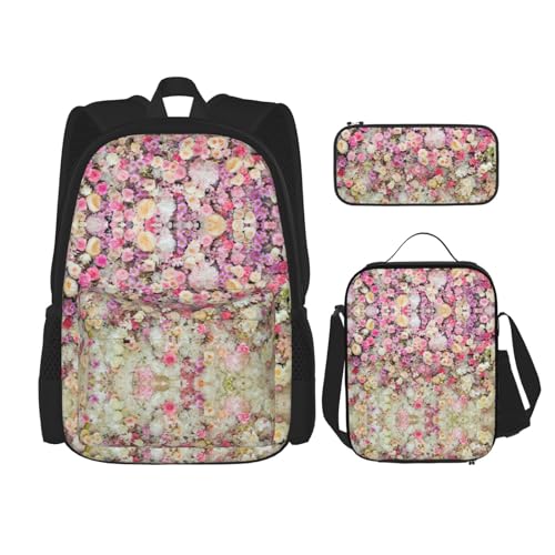 SUHNGE Rucksack mit buntem geometrischem Dreiecksdruck, für Mädchen, Jungen, Schultaschen, Teenager, Lunchbox und Federmäppchen, 3-in-1-Büchertaschen-Set, Pink Flower Group, Einheitsgröße von SUHNGE