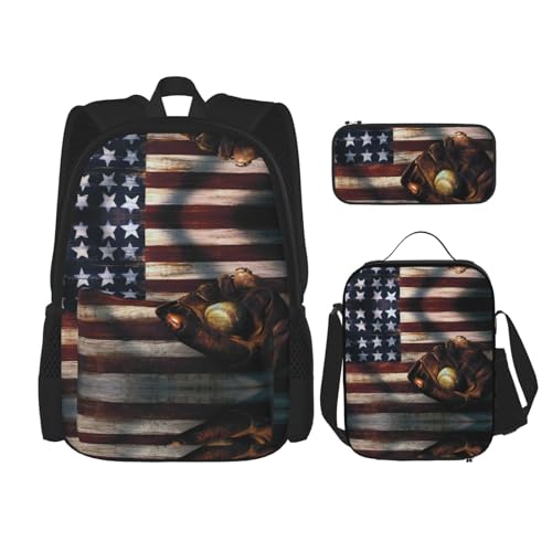 SUHNGE Rucksack mit frischem Ananas-Druck, 3-teilig, Schultasche mit Lunch-Tasche, Federmäppchen für Mädchen, Mittelschule, Amerikanische Flagge Baseball, Einheitsgröße von SUHNGE