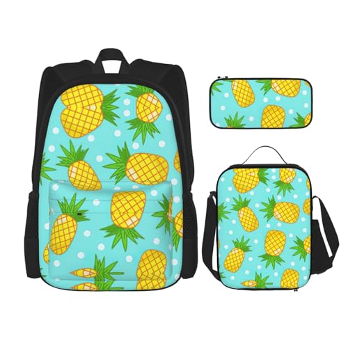 SUHNGE Rucksack mit frischem Ananas-Druck, 3-teilig, Schultasche mit Lunch-Tasche, Federmäppchen für Mädchen, Mittelschule, frische Ananas, Einheitsgröße von SUHNGE