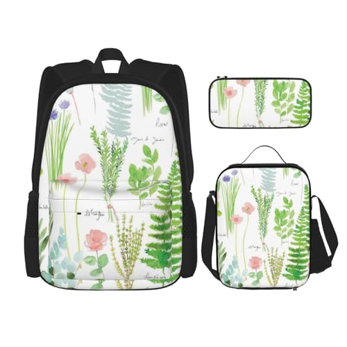 SUHNGE Rucksack mit gestreiftem Druck, 3-teilig, mit Lunch-Tasche, Federmäppchen für Mädchen, Mittelschule, Frühlings-Kräutergarten, Einheitsgröße von SUHNGE