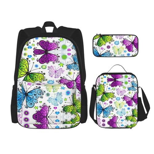 SUHNGE Rucksack mit gestreiftem Druck, 3-teilig, mit Lunchtasche, Federmäppchen für Mädchen, Mittelschule, Frühlingsfarbenfroher Schmetterling, Einheitsgröße von SUHNGE