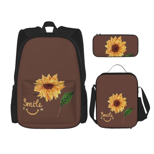 SUHNGE Rucksack mit gestreiftem Druck, 3-teilig, mit Lunchtasche, Federmäppchen für Mädchen, Mittelschule, Smile Face Sonnenblume, Einheitsgröße von SUHNGE