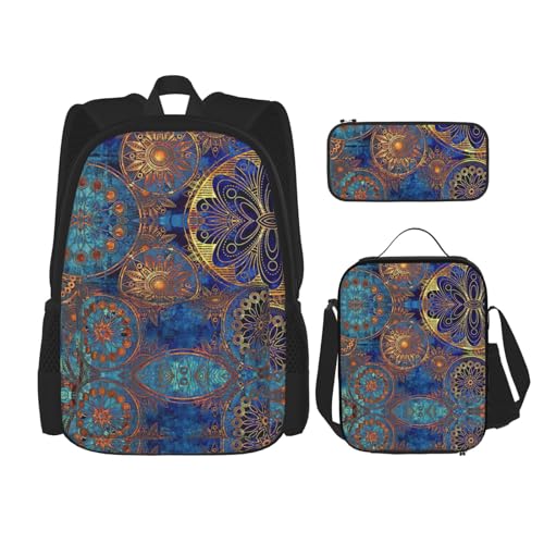 SUHNGE Rucksack mit gestreiftem Druck, 3-teilig, mit Lunchtasche, Federmäppchen für Mädchen, Mittelschule, Sternenhimmel Mandala, Einheitsgröße von SUHNGE