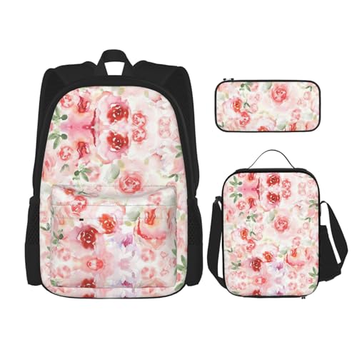 SUHNGE Rucksack mit gestreiftem Druck, 3-teilig, mit Lunchtasche, Federmäppchen für Mädchen, Mittelschule, Weiche Farbe, blasse, verblasste Rosenmischung, Einheitsgröße von SUHNGE