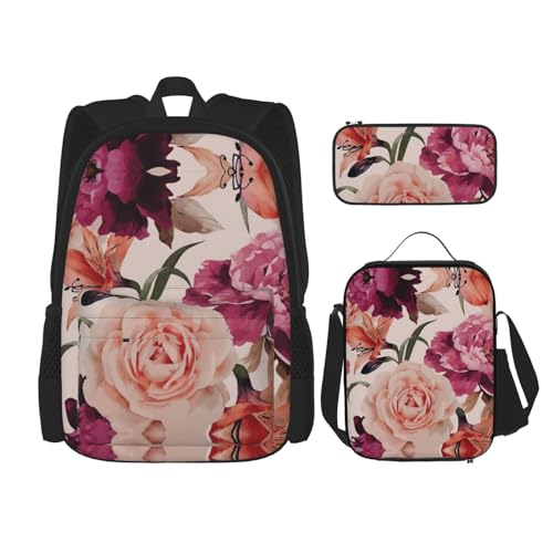 SUHNGE Rucksack mit grünem Kaktus-Druck, 3-teilig, Schultasche mit Lunch-Tasche, Federmäppchen für Mädchen, Mittelschule, Rosa Rose Blume, Einheitsgröße von SUHNGE