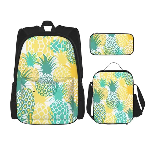 SUHNGE Rucksack mit grünem Kaktus-Druck, 3-teilig, Schultasche mit Lunch-Tasche, Federmäppchen für Mädchen, Mittelschule, Tropische Ananas, Einheitsgröße von SUHNGE