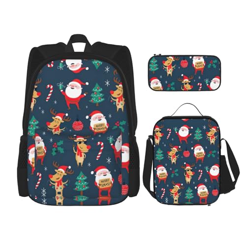 SUHNGE Rucksack mit grünem Kaktus-Druck, 3-teilig, Schultasche mit Lunch-Tasche, Federmäppchen für Mädchen, Mittelschule, Weihnachtsmann Weihnachten, Einheitsgröße von SUHNGE