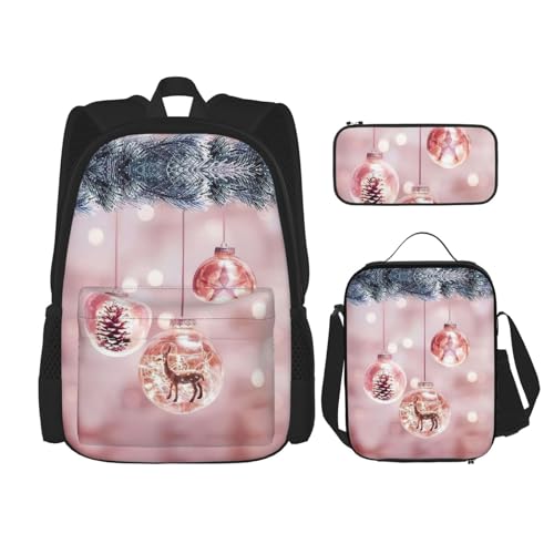 SUHNGE Rucksack mit grünem Kaktus-Druck, für Mädchen, Jungen, Schultaschen, Teenager, Lunchbox und Federmäppchen, 3-in-1-Büchertaschen-Set, Rosa Weihnachtskugel, Einheitsgröße von SUHNGE