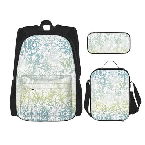 SUHNGE Rucksack mit grünem Schlangenmuster, 3-teilig, Schultasche mit Lunch-Tasche, Federmäppchen für Mädchen, Mittelschule, Grünes Meerblaues Seetang, Einheitsgröße von SUHNGE