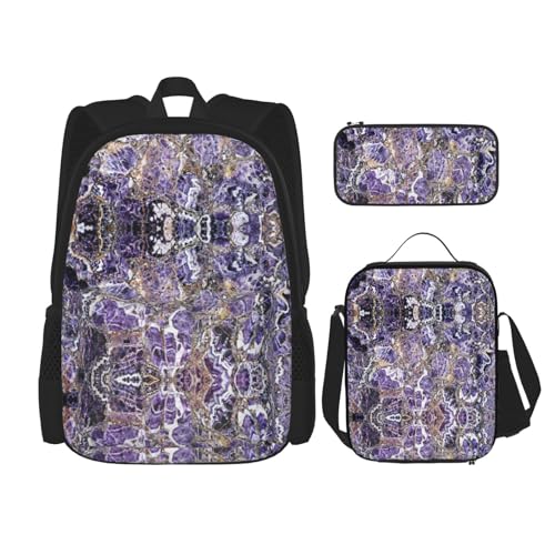 SUHNGE Rucksack mit mexikanischer Volkskunst, Boho-Druck, für Mädchen, Jungen, Schultaschen, Teenager, Lunchbox und Federmäppchen, 3-in-1 Büchertaschen-Set, Marmor lila, Einheitsgröße von SUHNGE