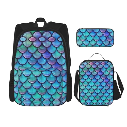 SUHNGE Rucksack mit mexikanischer Volkskunst, Boho-Druck, für Mädchen, Jungen, Schultaschen, Teenager, Lunchbox und Federmäppchen, 3-in-1 Büchertaschen-Set, Meerjungfrauen-Fischschuppe, Blaugrün, von SUHNGE