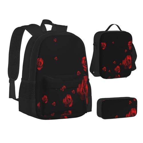 SUHNGE Rucksack mit niedlichem Pferdeaufdruck, Schulbüchertaschen, Lunch-Tasche, Federmäppchen, Schulrucksäcke, Mädchen und Jungen, Rote Rose, schwarzer Hintergrund, Einheitsgröße von SUHNGE