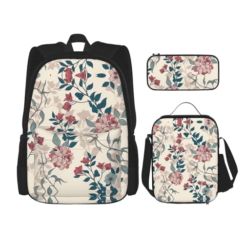 SUHNGE Rucksack mit rosa Blumen und Blättern, für Mädchen, Jungen, Schultaschen, Teenager, Lunchbox und Federmäppchen, 3-in-1-Büchertaschen-Set von SUHNGE