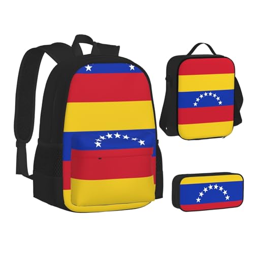 SUHNGE Schulrucksack-Set mit goldfarbenem Glitzer-Ananas-Aufdruck für Teenager, Lunch-Tasche, Federmäppchen, 3-in-1, Schulrucksack-Set, Kinder-Rucksack, Flagge Venezuela, Einheitsgröße von SUHNGE