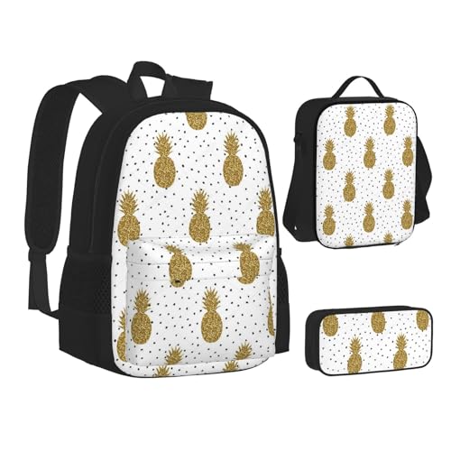 SUHNGE Schulrucksack-Set mit goldfarbenem Glitzer-Ananas-Aufdruck für Teenager, Lunch-Tasche, Federmäppchen, 3-in-1, Schulrucksack-Set, Kinder-Rucksack, Gold Glitter Ananas Obst, Einheitsgröße von SUHNGE