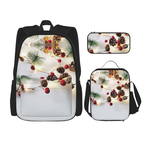 SUHNGE Weihnachtsgirlande mit Lichteraufdruck, 3-teilig, Rucksack, Schultasche mit Lunchtasche, Federmäppchen für Mädchen, Mittelschule, Weihnachtsgirlande mit Lichtern, Einheitsgröße von SUHNGE