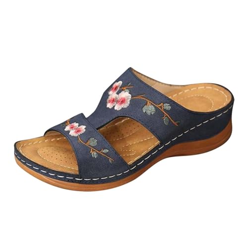 Orthopädische Damen-Schuhe, bequeme Slider, Sommer, flache Ledersandalen, Stickerei, Blume, niedriger Keilabsatz, offener Zehenbereich, atmungsaktiv, Hausschuhe für Damen, blau, 39 EU von SUIBOZ