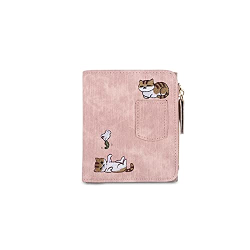 SUICRA Damen Geldbörse 1 Stück Stickerei Katze Frauen Kurze Brieftasche Reißverschluss Münze Geldbörse Kurzfrauen Brieftasche Kartenhalter Kupplung (Color : Pink) von SUICRA