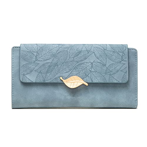 SUICRA Damen Geldbörse Blatt Frauen Brieftasche PU-Leder Weibliche Kurzmünde Geldbörse Mode Feminina Geldbörse High Capacity Karteninhaber Lange Geldbörsen (Color : Blue) von SUICRA