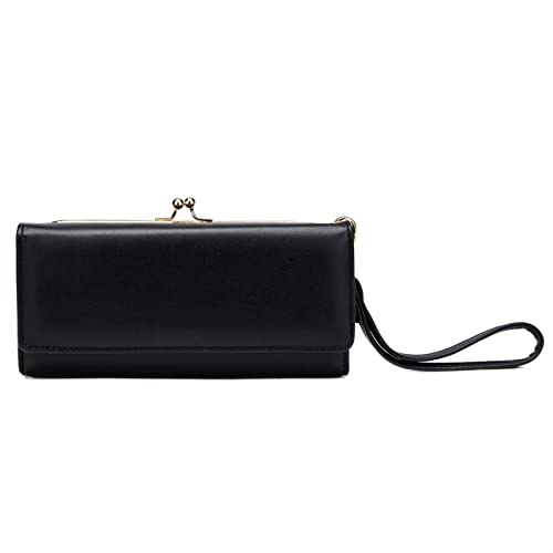 SUICRA Damen Geldbörse Comfortable Contracted Style Long Wallets for Women Soft Leather Coin Purses Ladies Sweet Design Card Holder Purses (Color : Black) von SUICRA