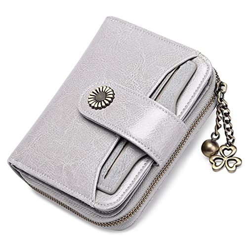 SUICRA Damen Geldbörse Echtes Leder Brieftasche Frauen Kurze Reißverschluss Rindsleder Brieftaschen mit Kette Nette Kleine Münze Geldbörse Geld Tasche Brieftasche for Frauen (Color : Light Grey) von SUICRA