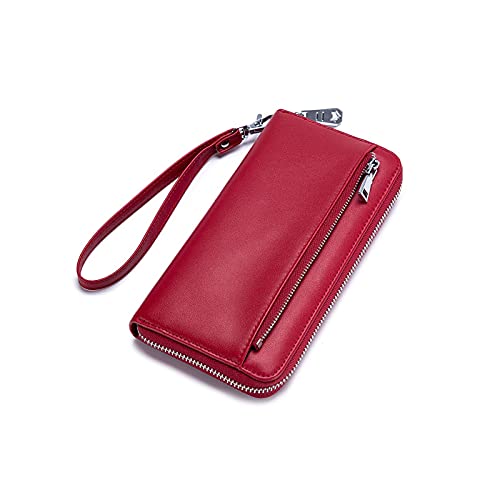 SUICRA Damen Geldbörse Echtes Leder Frauen Clutch Lange Brieftasche Damen Brieftaschen und Geldbänder Armband Reißverschluss Telefon Pocket Card Holder Passport (Color : Red) von SUICRA