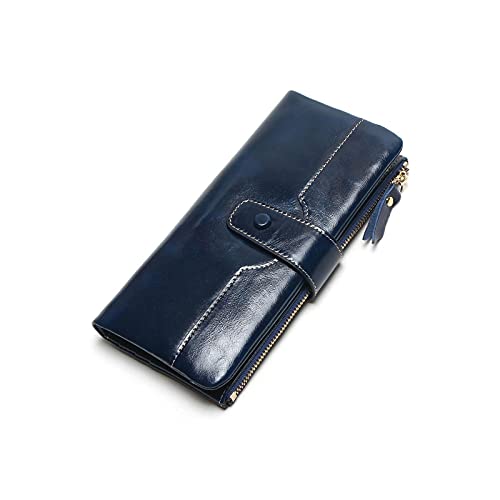 SUICRA Damen Geldbörse Echtes Leder Frauen Telefon Brieftasche Lange Geldbeutel Dame Öl Wachs Rindsleder Multiple Karten Halter Kupplung (Color : Blue) von SUICRA